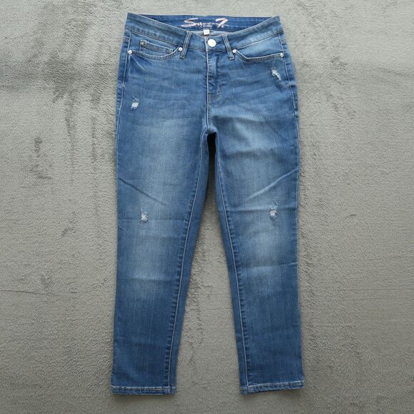Seven7 Jeans Women's 6 Blue Mid-Rise Straight Crop Denim 24.5" Inseam Distressed - Picture 1 of 16